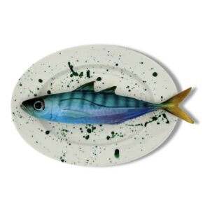 1209 Ovaal Visbord Sugarello Makreel op ovaal bord met groene verfspatten 24x15cm