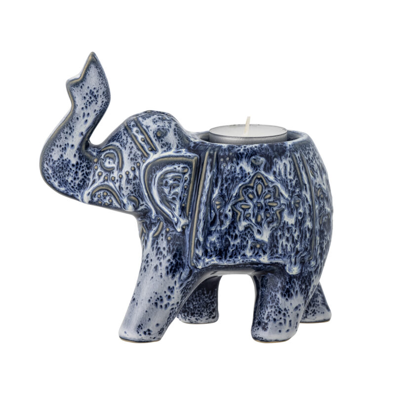 Waxinelichthouder Olifant Blauw Steengoed 15cm