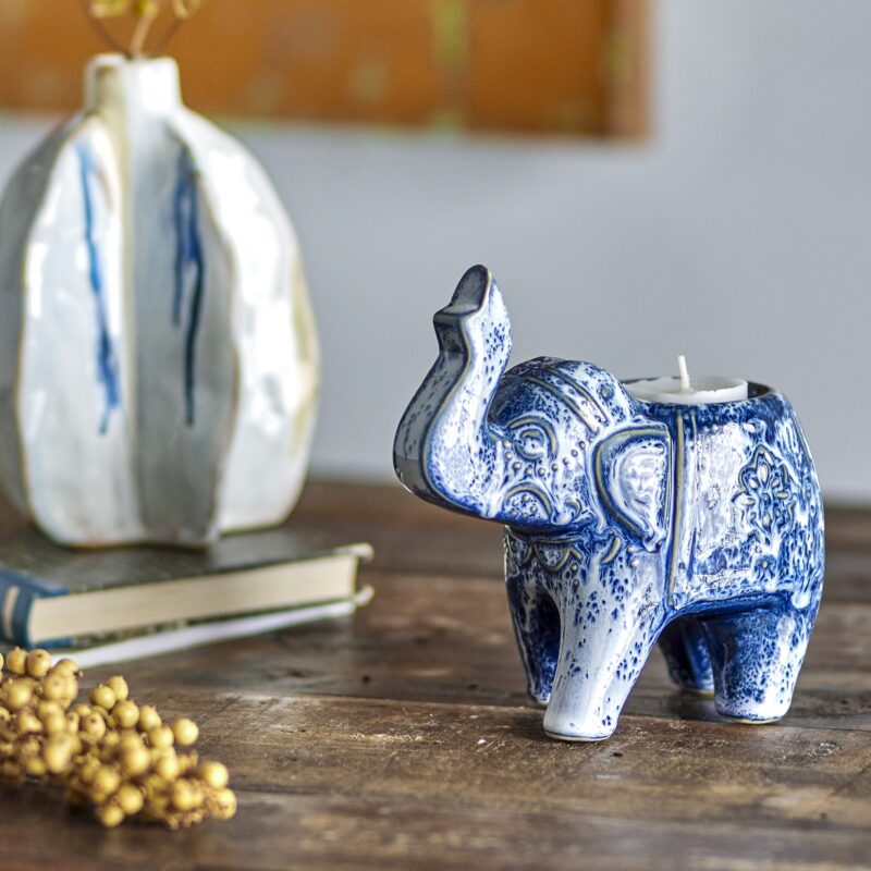Waxinelichthouder Olifant Blauw Steengoed 15cm